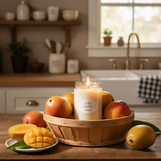 LorJas Handmade 'Mango' scented organic soy candle in a basket with fresh mangoes with a kitchen background