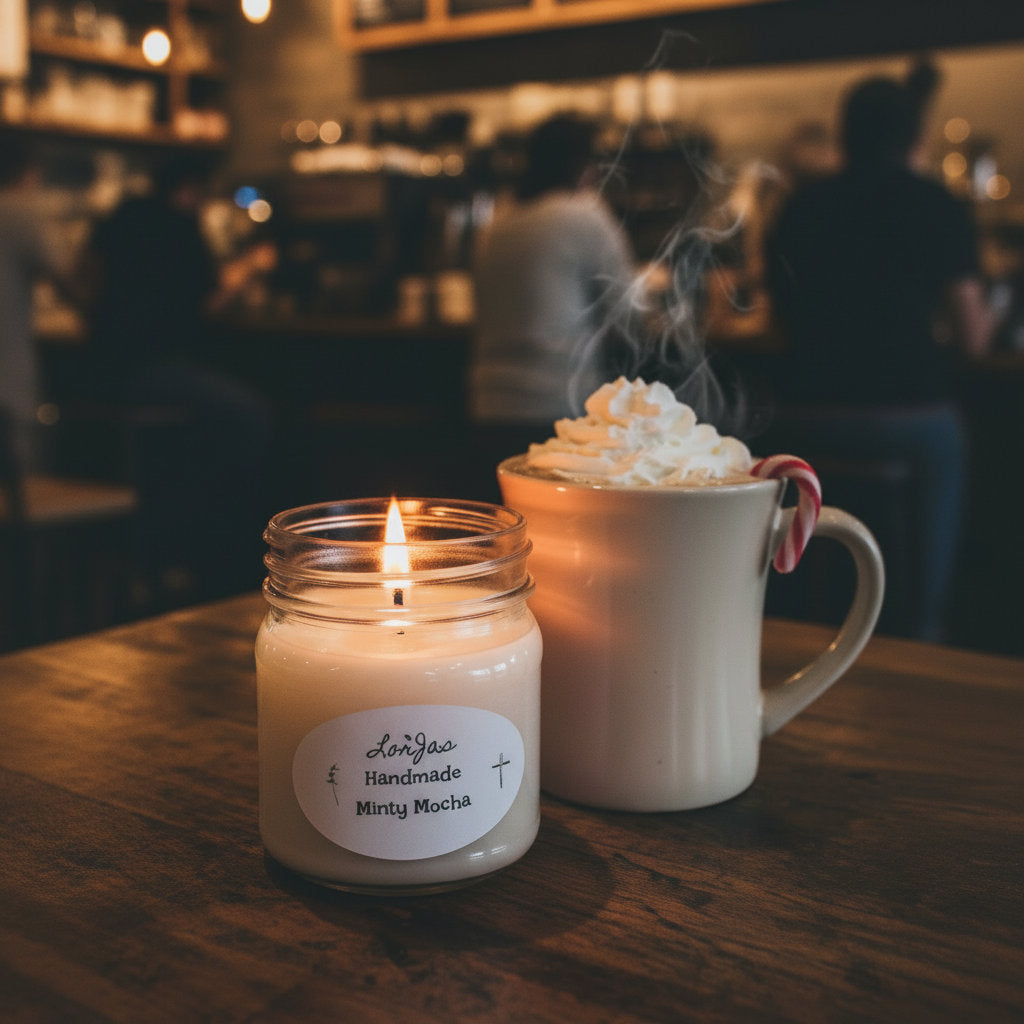 LorJas Handmade Minty Mocha lightly scented soy candle and mug of hot peppermint mocha with whipped cream on a wooden table in a cozy coffee shop.