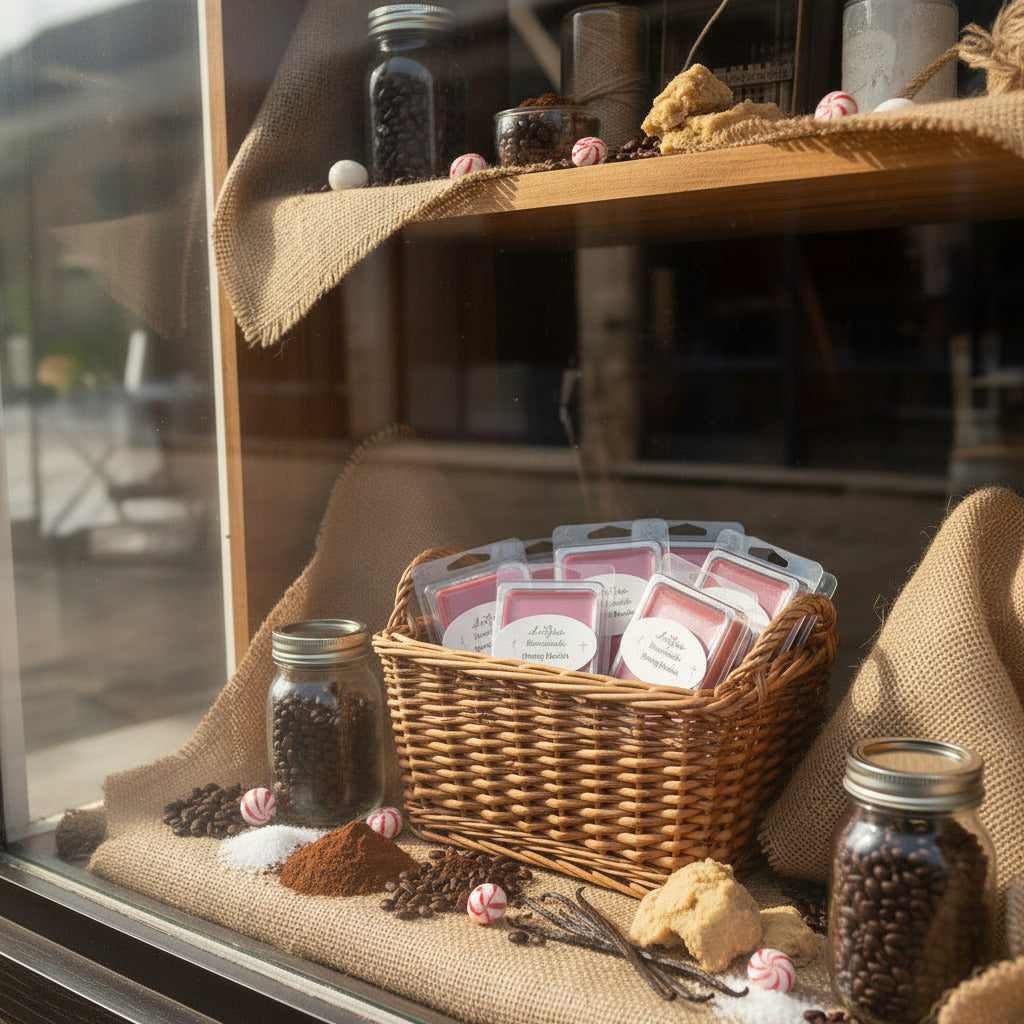 LorJas Handmade Minty Mocha lightly scented soy wax melts in basket on shelf with peppermints, powdered cocoa, jars of coffee beans, fresh cookie dough, ripe vanilla beans, and powdered sugar on a shelf with fine burlap viewed through a store's window.
