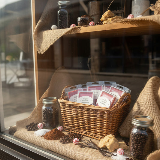LorJas Handmade Minty Mocha lightly scented soy wax melts in basket on shelf with peppermints, powdered cocoa, jars of coffee beans, fresh cookie dough, ripe vanilla beans, and powdered sugar on a shelf with fine burlap viewed through a store's window.
