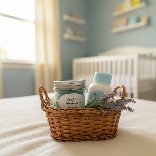 LorJas Handmade Newborn lightly scented soy candle in a wicker basket with fresh lavender and baby powder on a fluffy bed in a baby nursery with natural light flowing in through a window.