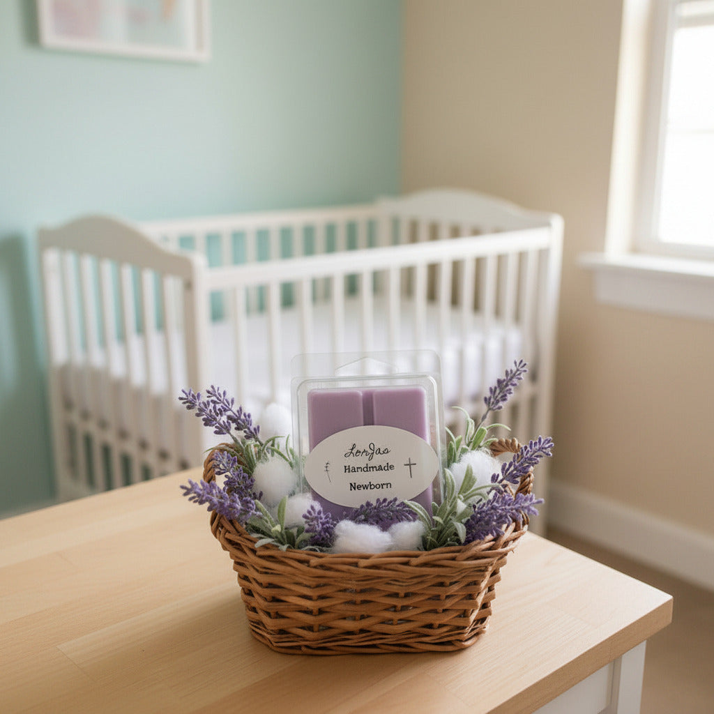 LorJas Handmade Newborn lightly scented soy wax melt with fresh lavender and cotton puffs in a wicker basket on a table in a baby nursery with natural light flooding in through a window.