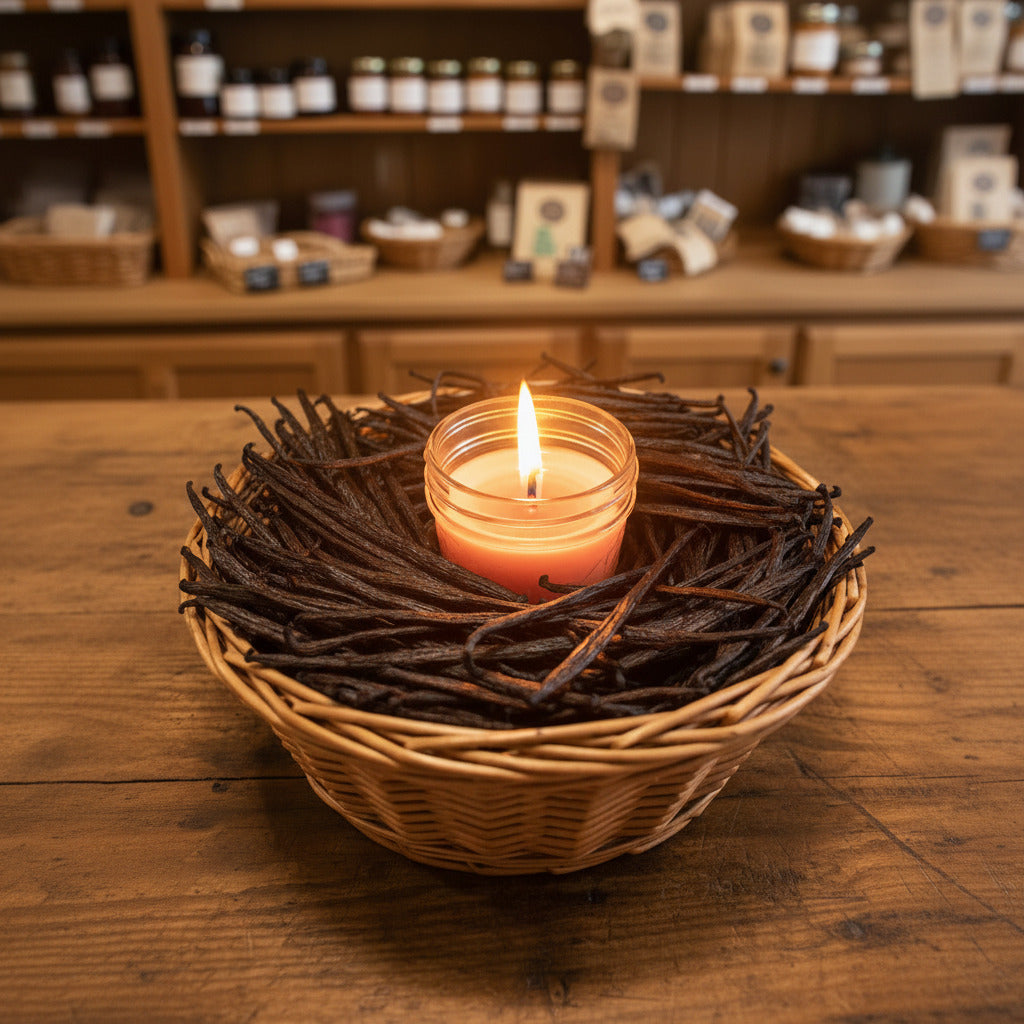 Pleasantly lit LorJas Handmade Nilla Bean lightly scented candle in a wicker basket surrounded by vanilla beans on a wooden surface with blurred store shelves in the background.