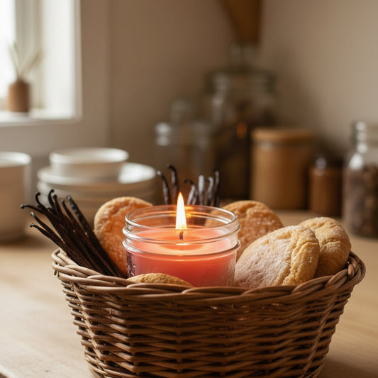 Pleasantly lit LorJas Handmade Nilla Sugar Cookie scented candle in a wicker basket with vanilla beans and sugar cookies on a woodgrain countertop with kitchen background.