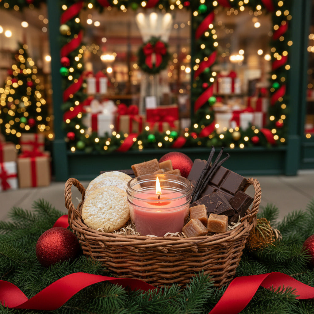 Pleasantly lit LorJas Handmade Noel lightly scented soy candle in a wicker basket with sugar cookies, chocolate, and caramels in a festive Christmas setting with blurred decorated store windows in the background.