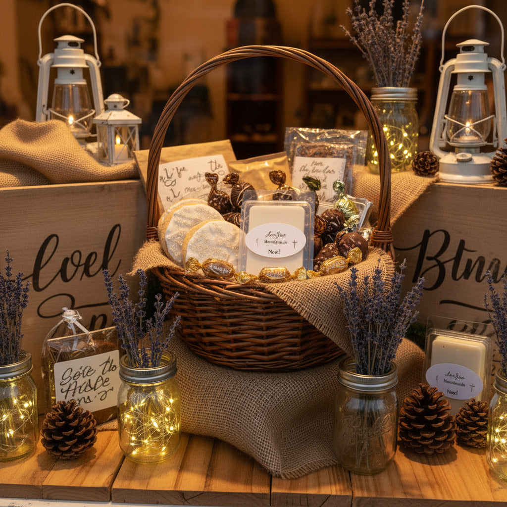 LorJas Handmade lightly scented wax melt in a basket of sugar cookies, chocolate, and caramels with window dressing and decor in a mercantile viewed through a window.