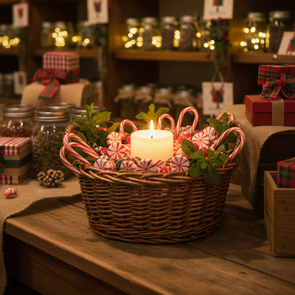 LorJas Handmade North lightly scented soy candle in wicker basket with peppermint candies and Christmas decorations on a wooden table.