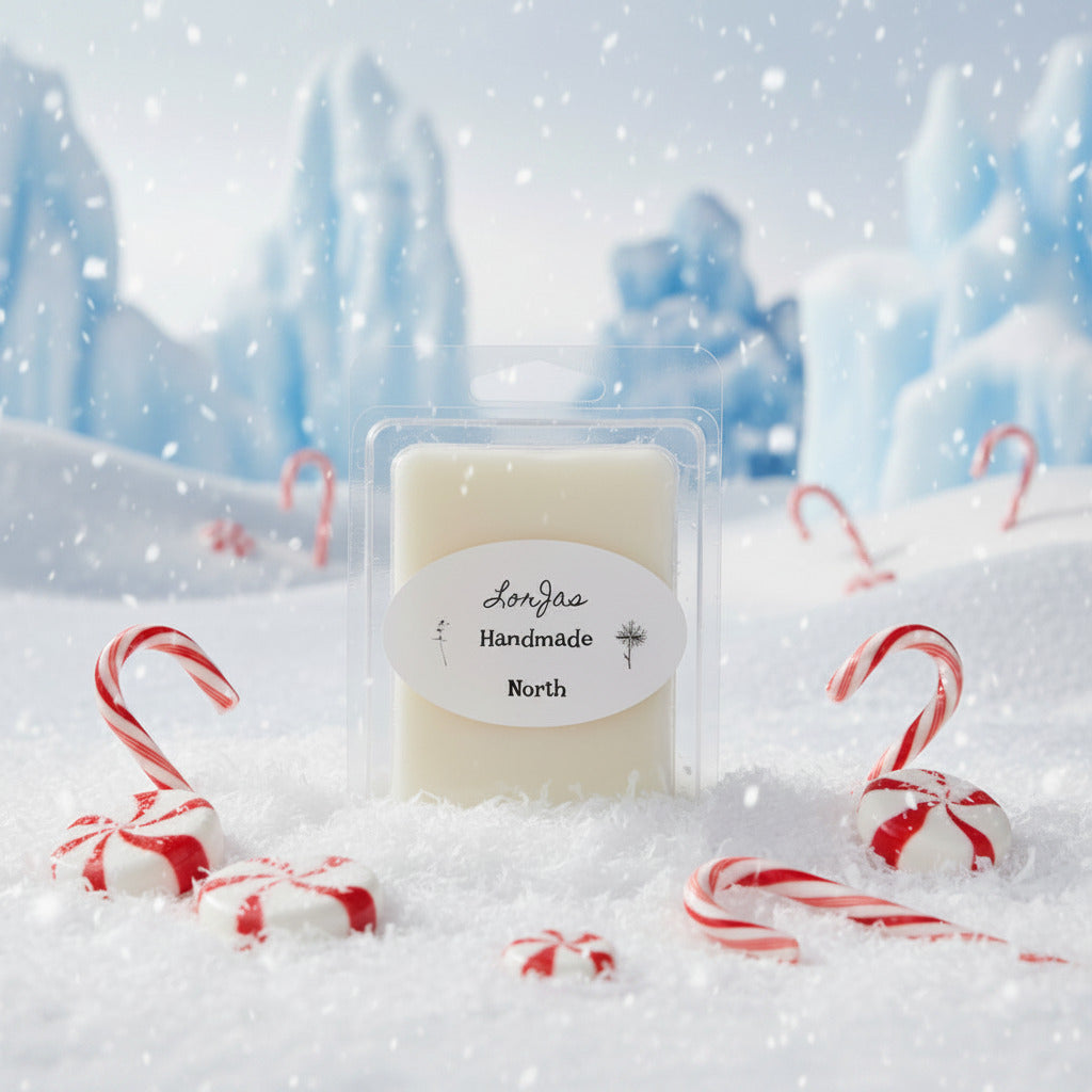 LorJas Handmade North lightly scented soy wax melt with peppermint candies in a snowy background.
