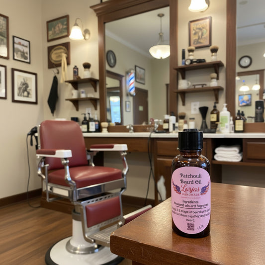 LorJas Handmade Patchouli lightly scented beard oil in tonsorium.