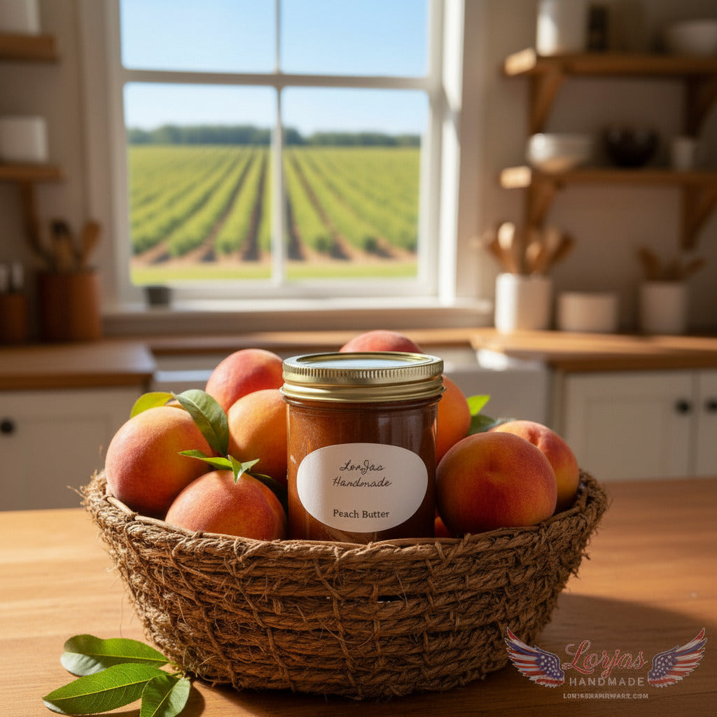 LorJas Handmade Peach 100% organic whole fruit butter on a wooden counter with a basket of fresh peaches and a peach orchard viewable through a window