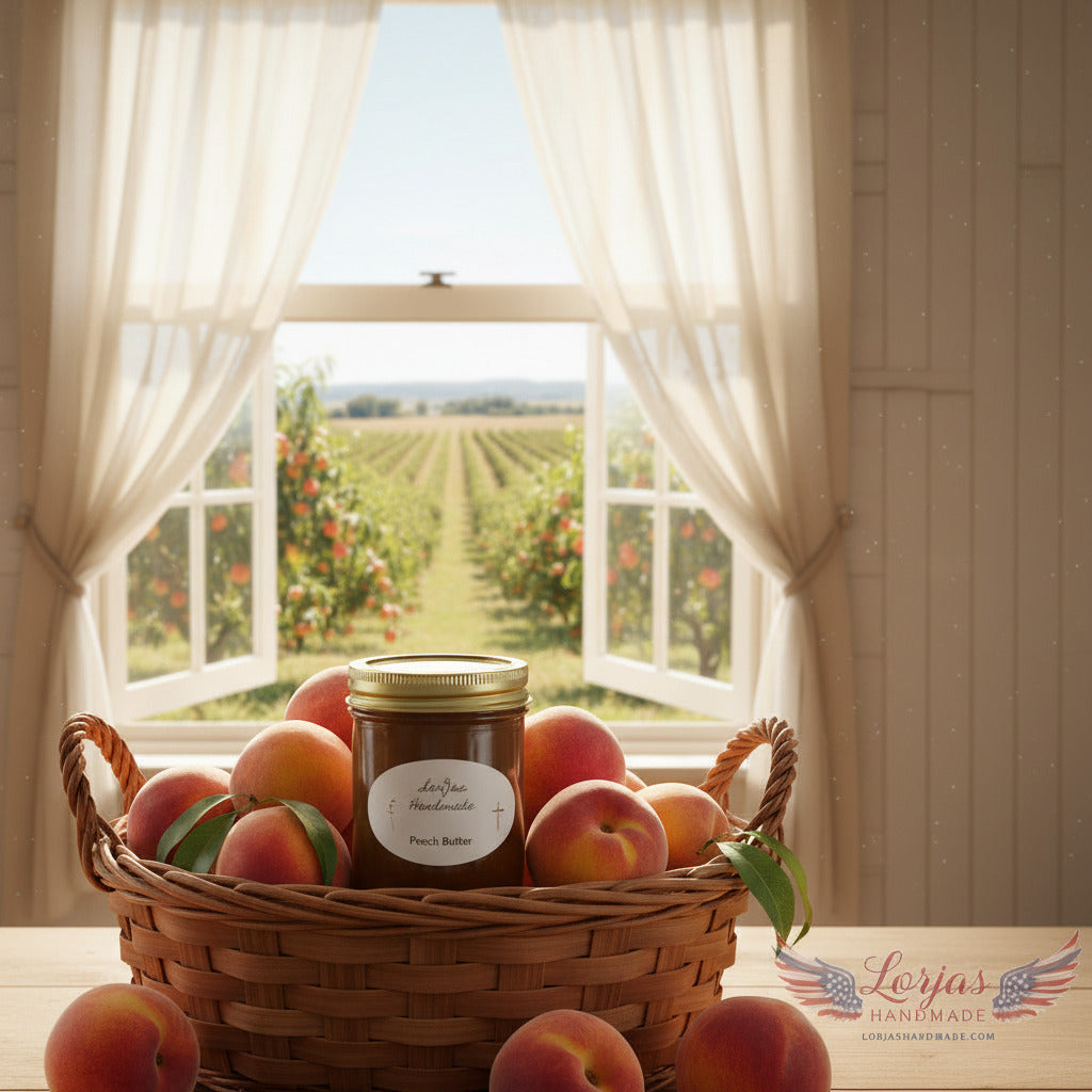 LorJas Handmade Peach 100% organic whole fruit butter on a wooden counter with a basket of fresh peaches and a peach orchard viewable through an open window.