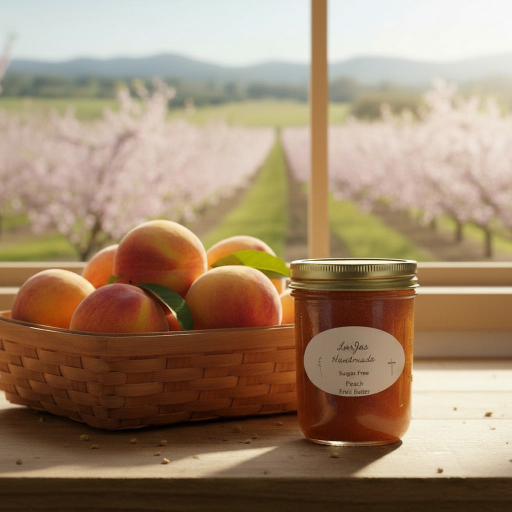 LorJas Handmade Sugar-Free Peach 100% organic whole fruit butter made with Stevia on a wooden counter with a basket of fresh peaches and a peach orchard viewable through a window