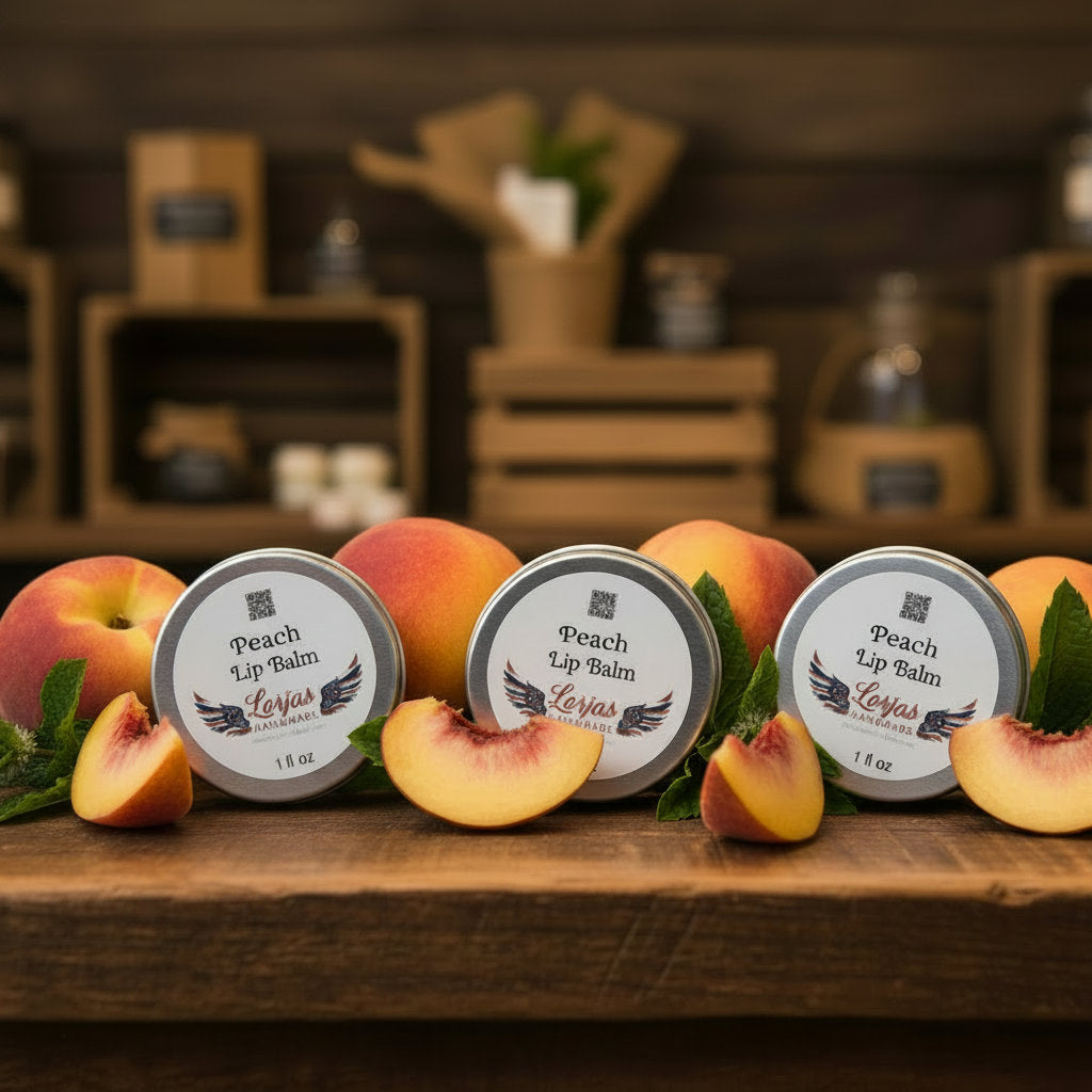 Three LorJas Handmade Vanilla Mint lip balms in metal tins with screw-on top lids sitting on a rustic wooden counter with fresh peaches, mint, and vanilla beans in a country mercantile.