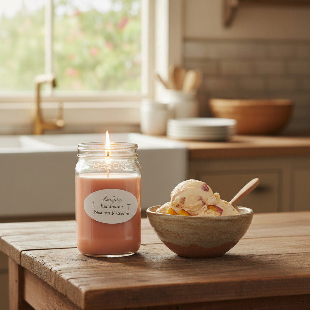 LorJas Handmade Peaches n Cream lightly scented soy candle beside bowl of fresh-churned peach ice cream on rustic wooden table in kitchen setting with natural light flooding in from window in background.