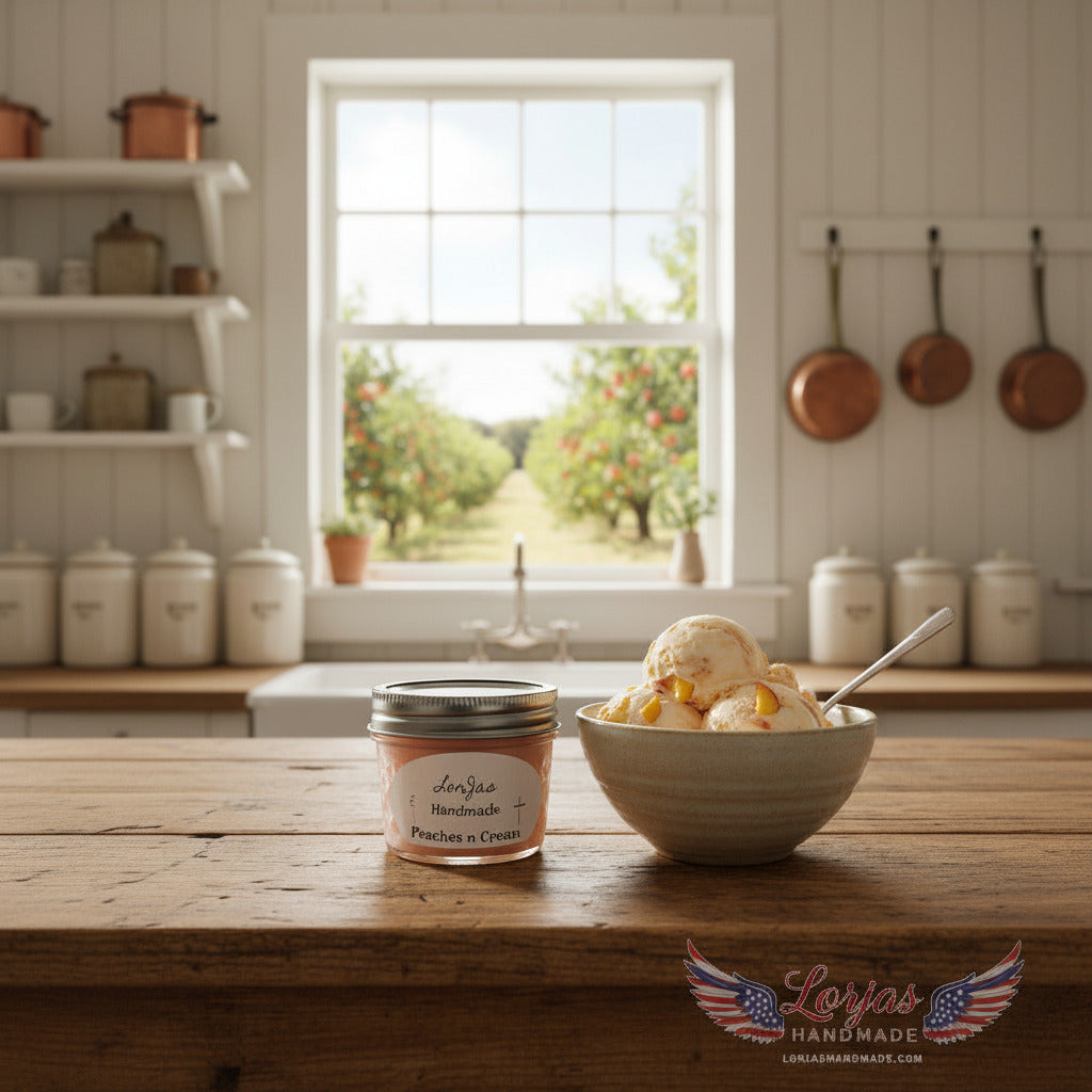 LorJas Handmade Peaches n Cream lightly scented soy candle on rustic wooden table beside bowl of fresh-churned peach ice cream in kitchen setting with view of peach orchard through window in background in natural light.