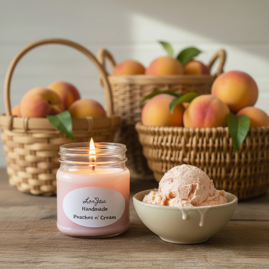 LorJas Handmade Peaches n' Cream lightly scented soy candle on a wooden surface beside bowl of peach ice cream with baskets of ripe peaches in backdrop.