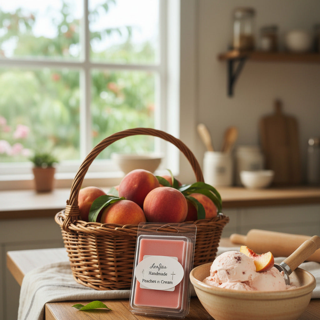 LorJas Handmade Peaches n Cream lightly scented soy melt by basket of ripe peaches and bowl of fresh-churned peach ice cream on a wooden table with blurred kitchen in backdrop.