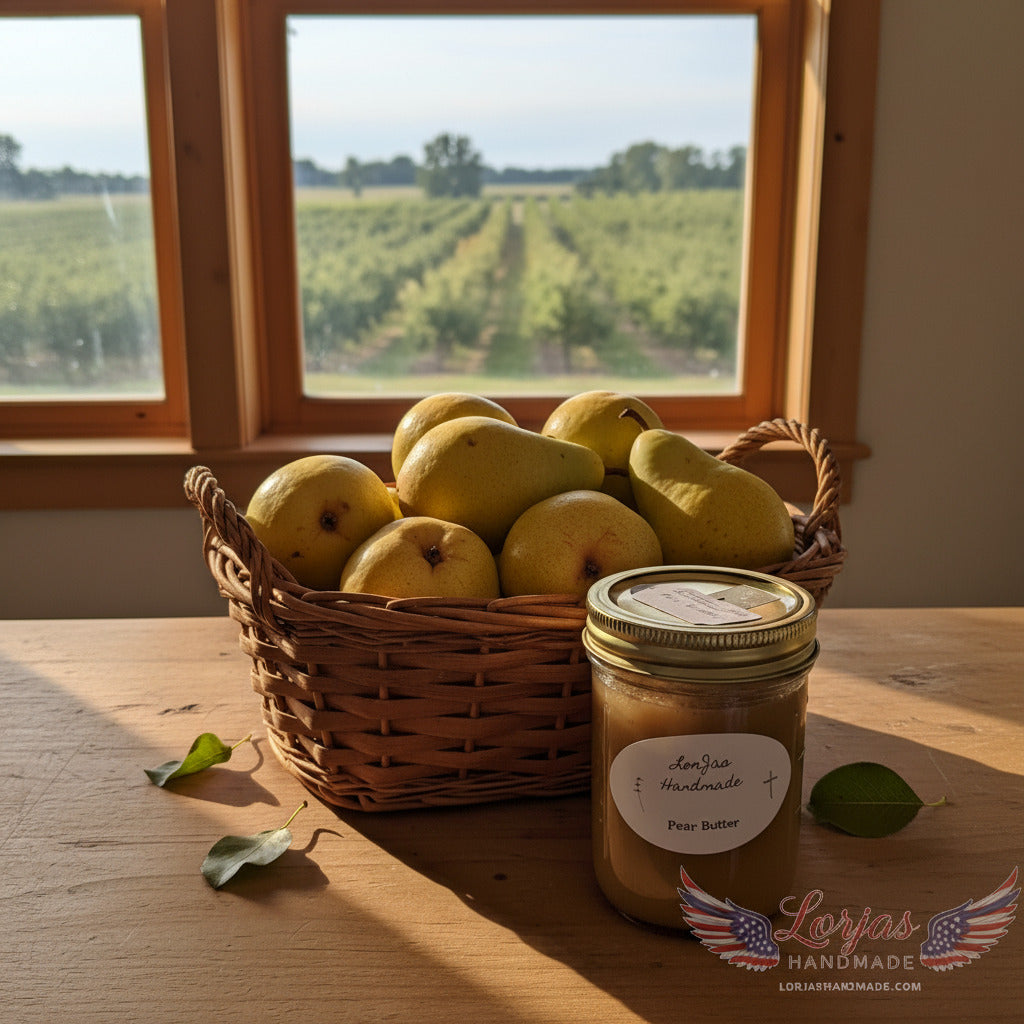 LorJas Handmade Pear 100% organic whole fruit butter on a wooden counter with a basket of fresh pears and a pear orchard viewable through a window