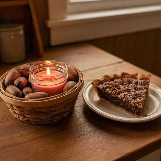 Pleasantly lit LorJas Handmade lightly scented soy candle in a basket of fresh pecans by a serving of pecan pie on a wooden table by a window letting in natural light.
