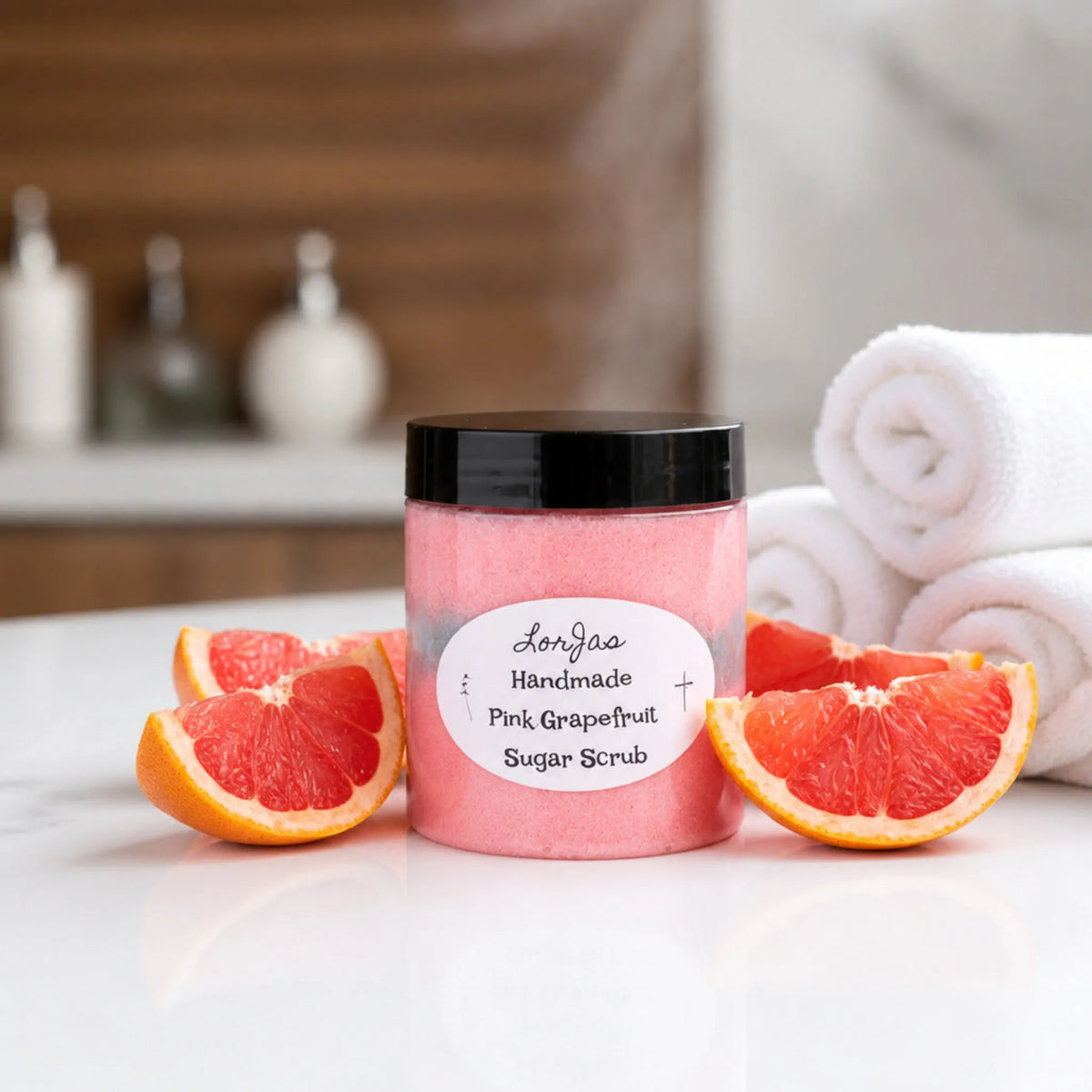 LorJas Handmade Pink Grapefruit lightly scented foamy whipped sugar scrub beside fresh-sliced pink grapefruit on counter beside rolled towels in steamy spa setting.