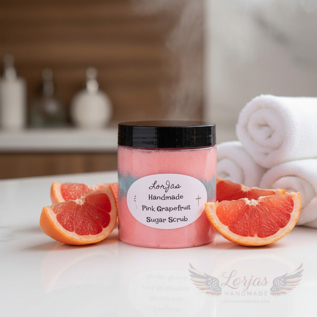 LorJas Handmade Pink Grapefruit lightly scented foamy whipped sugar scrub beside fresh-sliced pink grapefruit on counter beside rolled towels in steamy spa setting.
