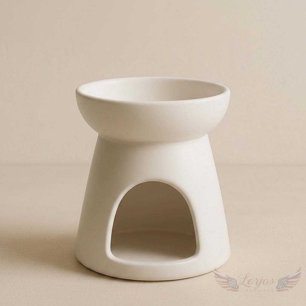 White ceramic wax warmer on a beige background featuring LorJas Handmade brand logo.