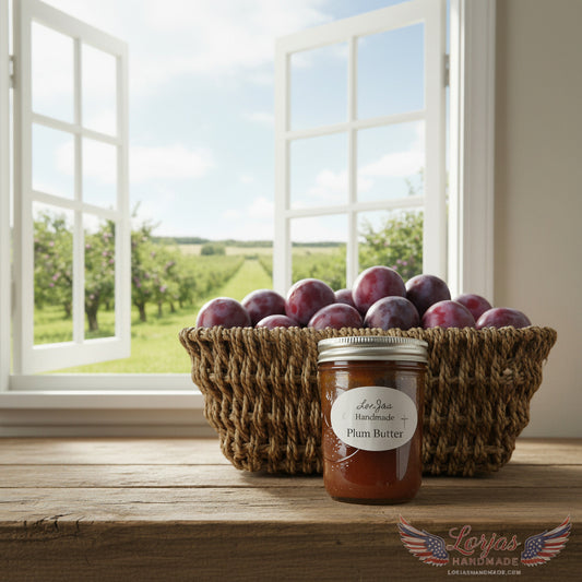 LorJas Handmade Plum 100% organic whole fruit butter on a wooden counter with a basket of fresh plums and a plum orchard viewable through an open window