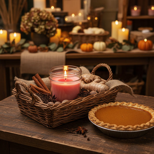 A cozy autumn tabletop scene with a lit pink LorJas Handmade Pumpkin Pie lightly scented soy candle in a glass jar placed in a wicker basket beside a pumpkin pie on a dark wooden table. Candles, pumpkins, burlap fabric, cinnamon sticks, and fall decor are visible in the softly blurred background.