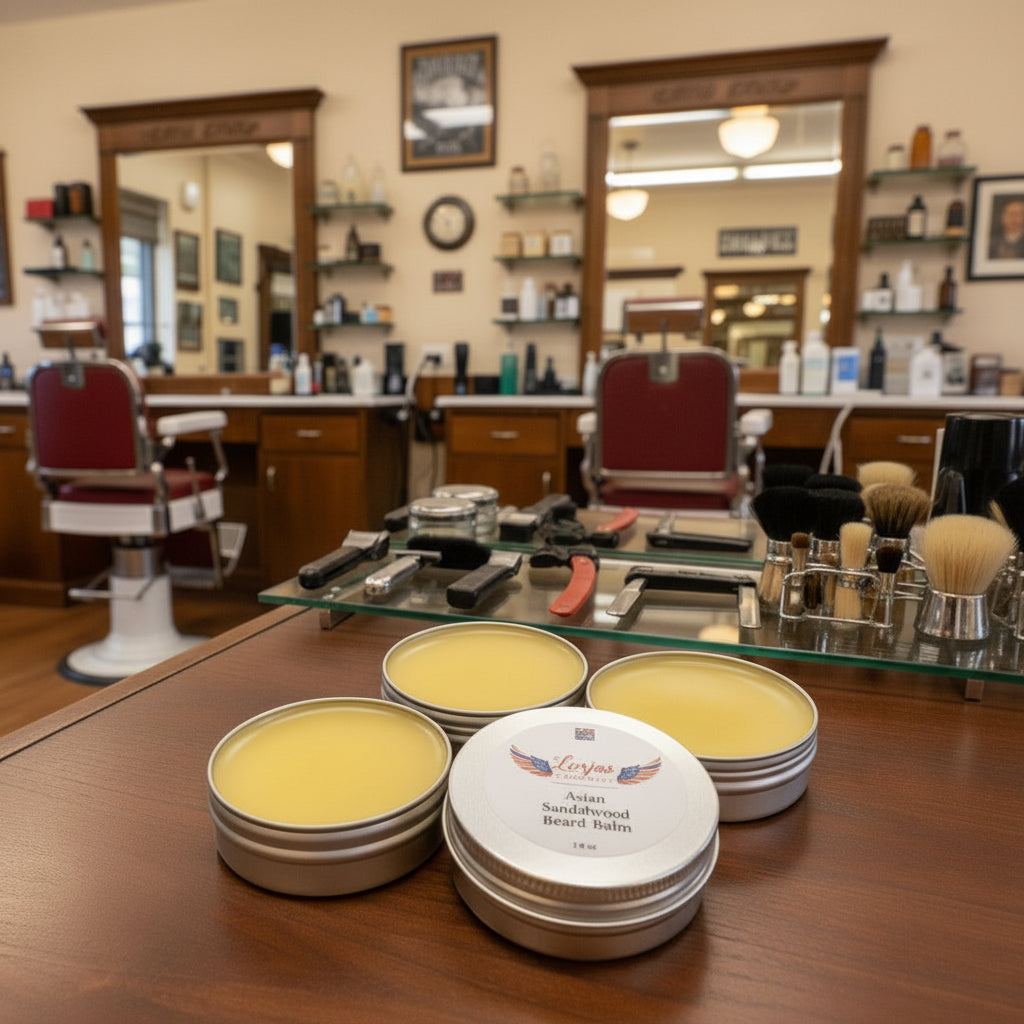 Four tins of Lor’Jas Handmade lightly scented Asian Sandalwood beard balm on wooden counter in barbershop.