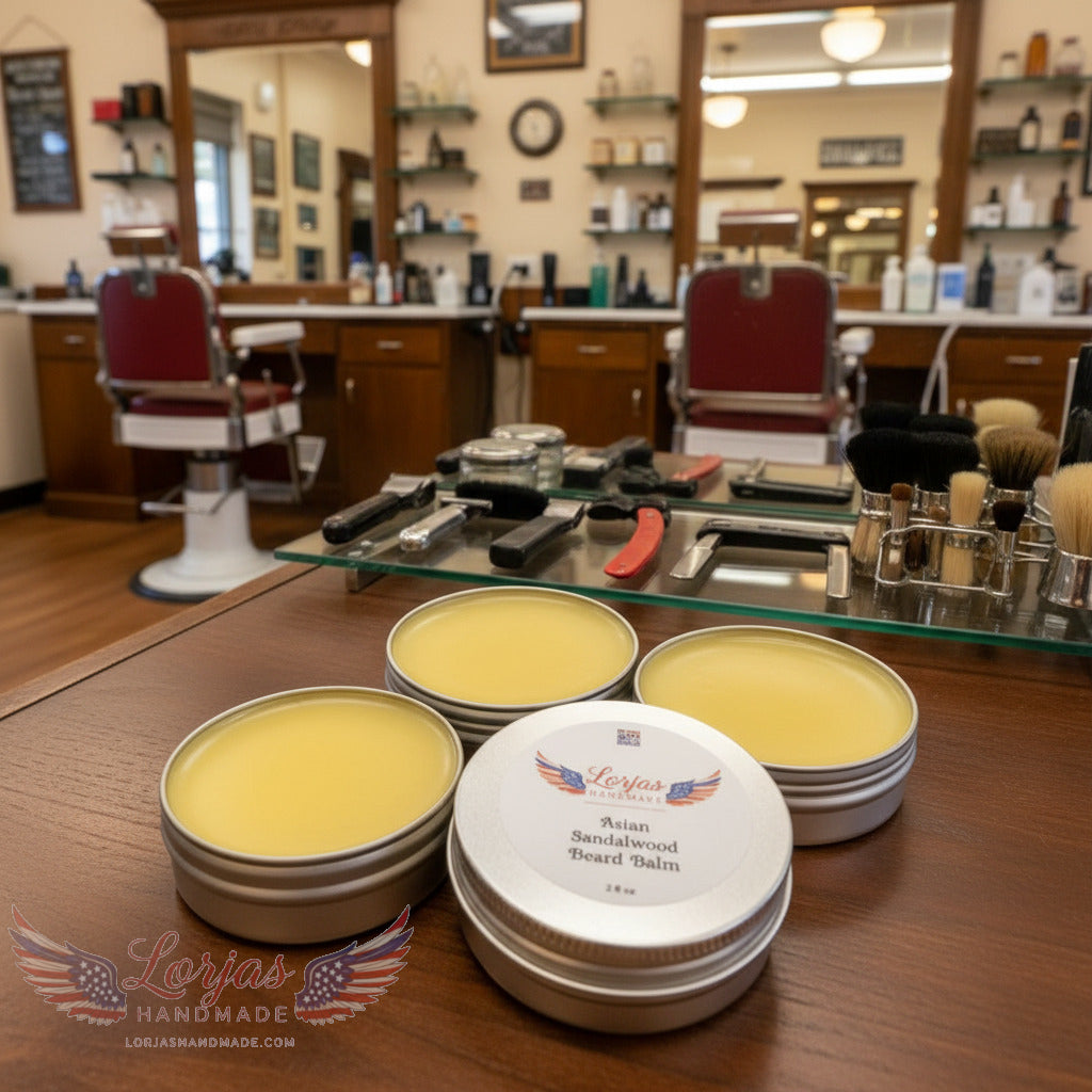 Four tins of Lor’Jas Handmade lightly scented Asian Sandalwood beard balm on wooden counter in barbershop.