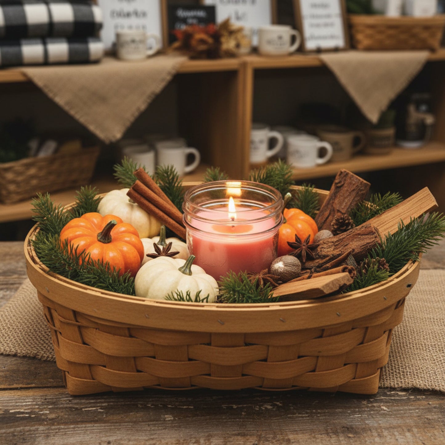 A lit pink LorJas Handmade Smells Like Fall lightly scented soy candle in a woven wooden basket filled with autumn decor, including small orange and white pumpkins, cinnamon sticks, pinecones, and evergreen branches, set on a rustic wooden table with a cozy shelf background.