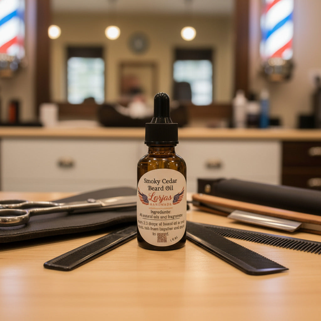 LorJas Handmade Patchouli lightly scented beard oil in tonsorium.