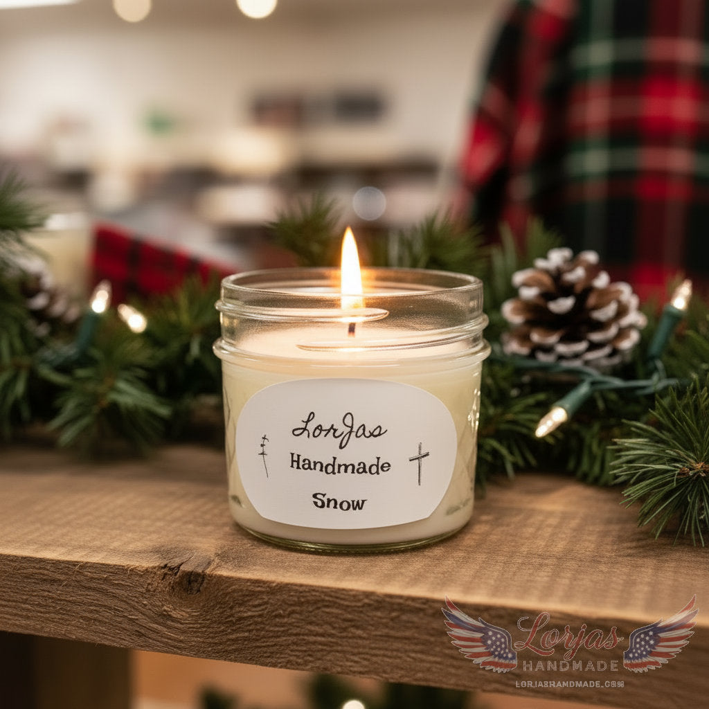 LorJas Handmade Snow lightly scented soy candle on wooden storefront shelf surrounded by Christmas lights and decorations.