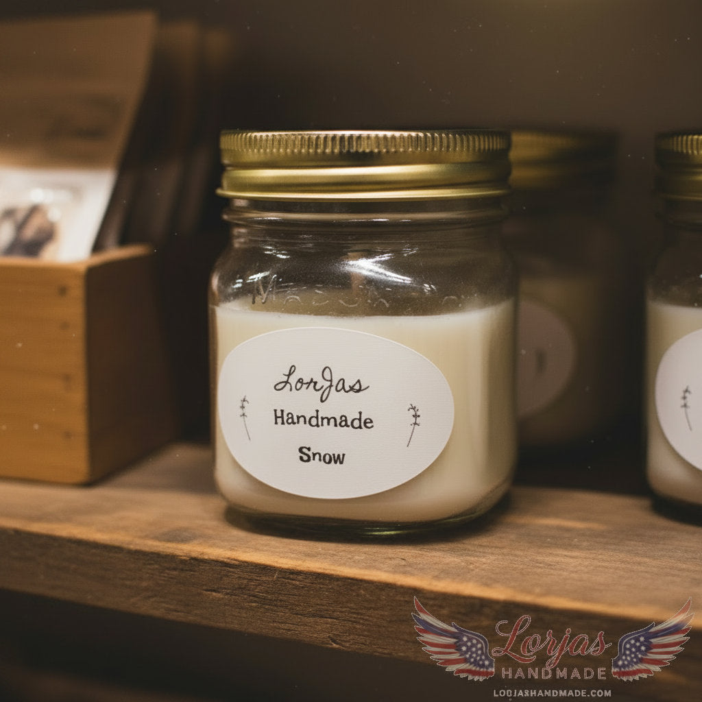 LorJas Handmade Snow lightly scented soy candles on wooden store wall display shelf.