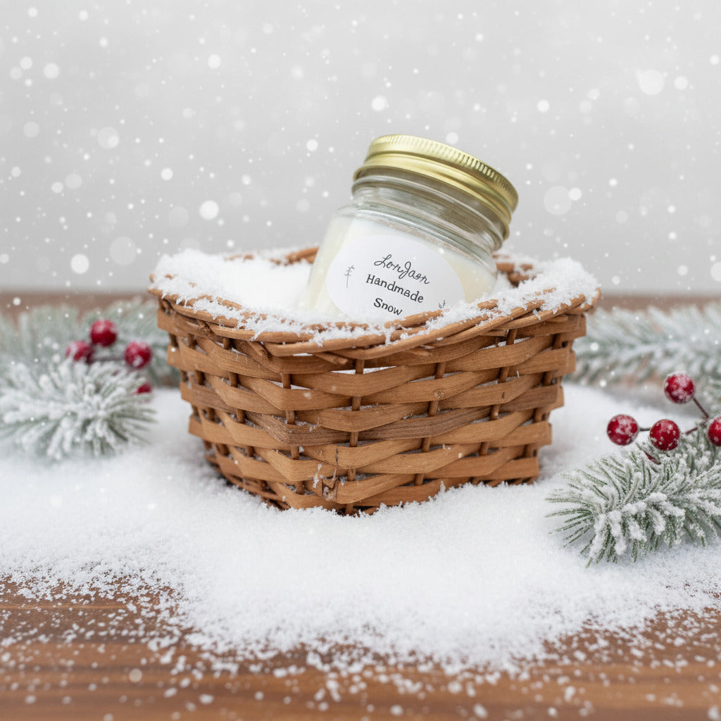 LorJas Handmade Snow lightly scented soy candle in wicker basket with wintry holiday background.