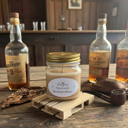 LorJas Handmade Southern Saloon lightly scented soy candle on wooden stand surrounded by country-western background and other themed items.