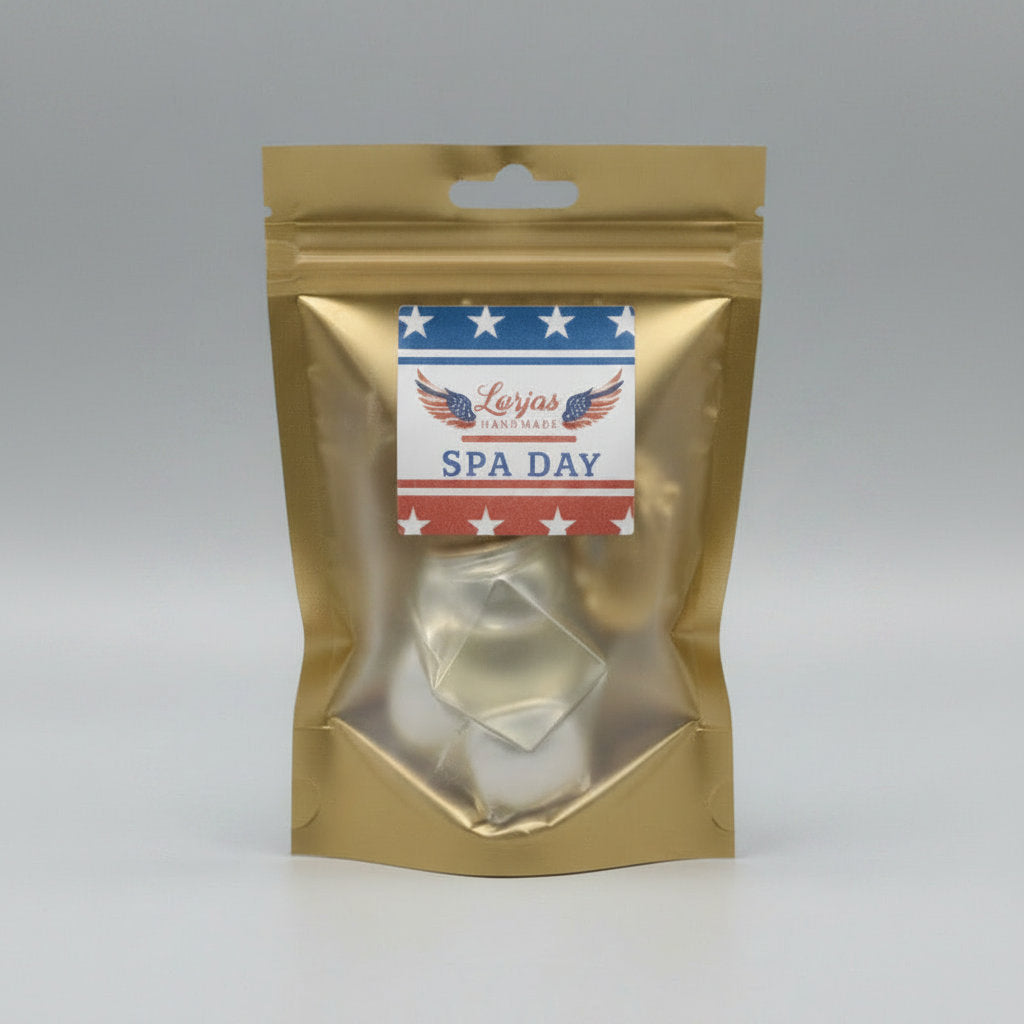 LorJas Handmade Spa Day lightly scented car diffuser in gold branded packaging in a studio setting.