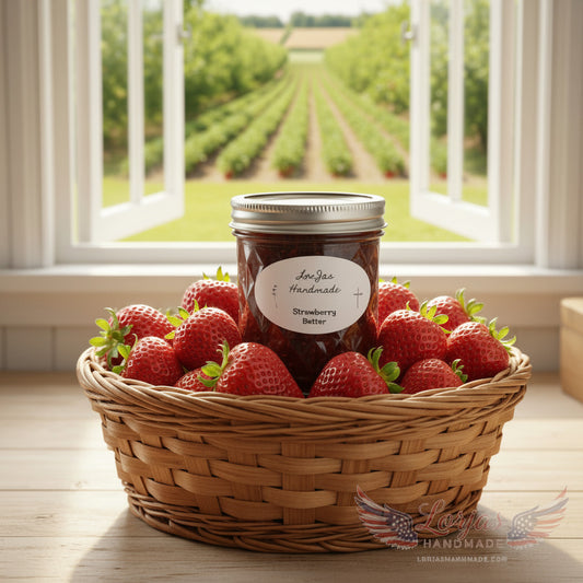 LorJas Handmade Strawberry 100% organic whole fruit butter in a wicker basket of fresh strawberries on a countertop with an orchard and strawberry patch viewable through an open window.