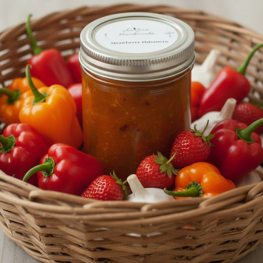 LorJas Handmade Strawberry Habanero pepper jelly surrounded by fresh strawberries, peppers, and garlic cloves in a woven basket.