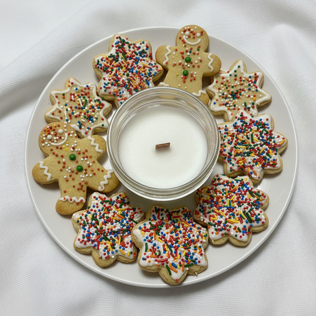 LorJas Handmade Nilla Sugar Cookies lightly scented soy candle with a wooden wick on white plate surrounded by sugar cookies with sprinkles on a white tablecloth background.