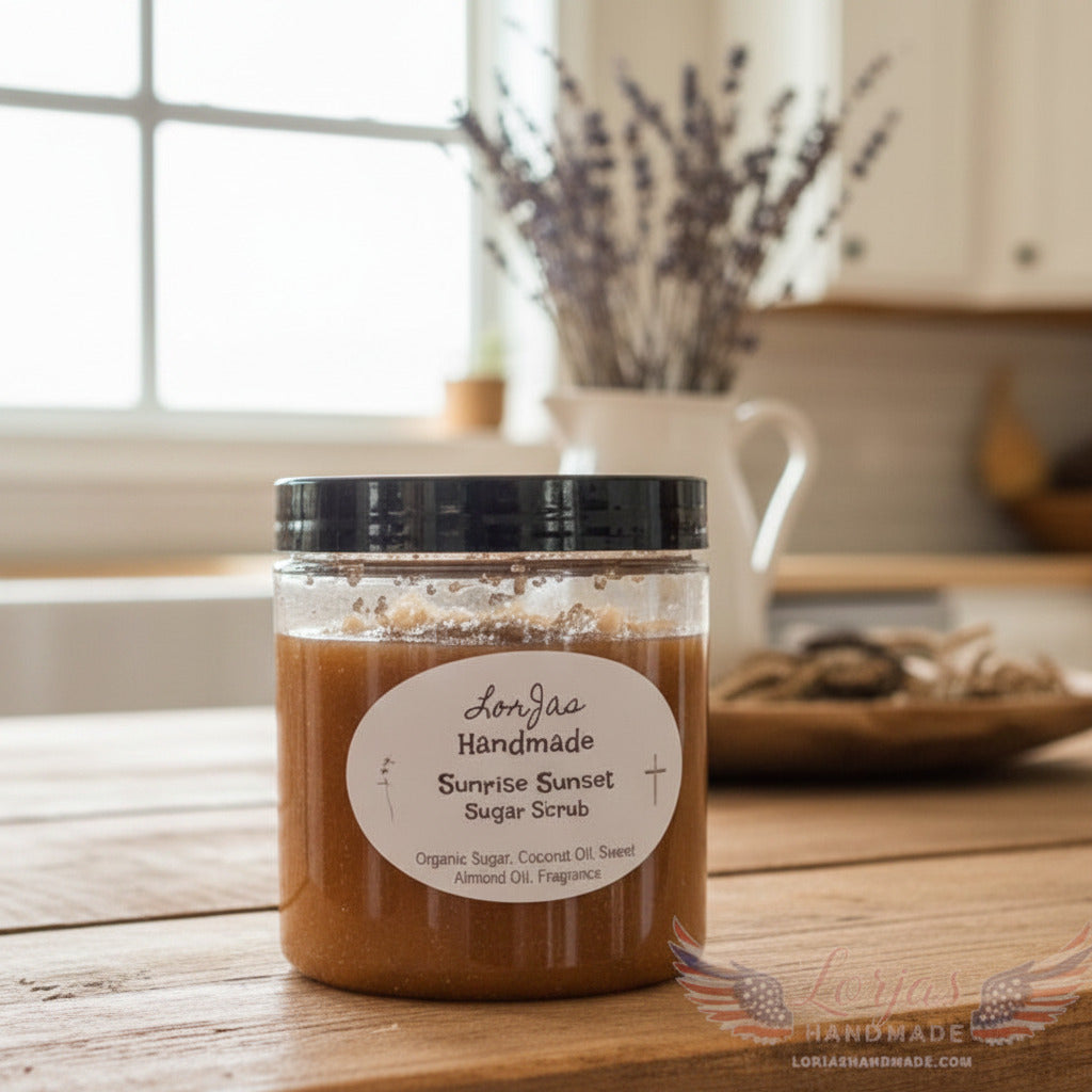 LorJas Handmade Sunrise Sunset lightly scented sugar scrub on a wooden surface with a blurred kitchen background.
