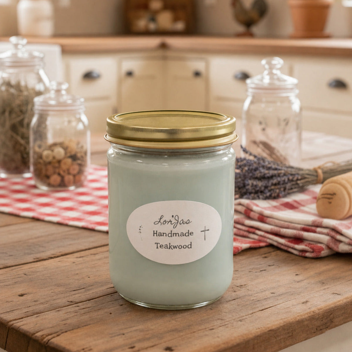 LorJas Handmade Teakwood lightly scented soy candle on a wooden tabletop in a kitchen setting.