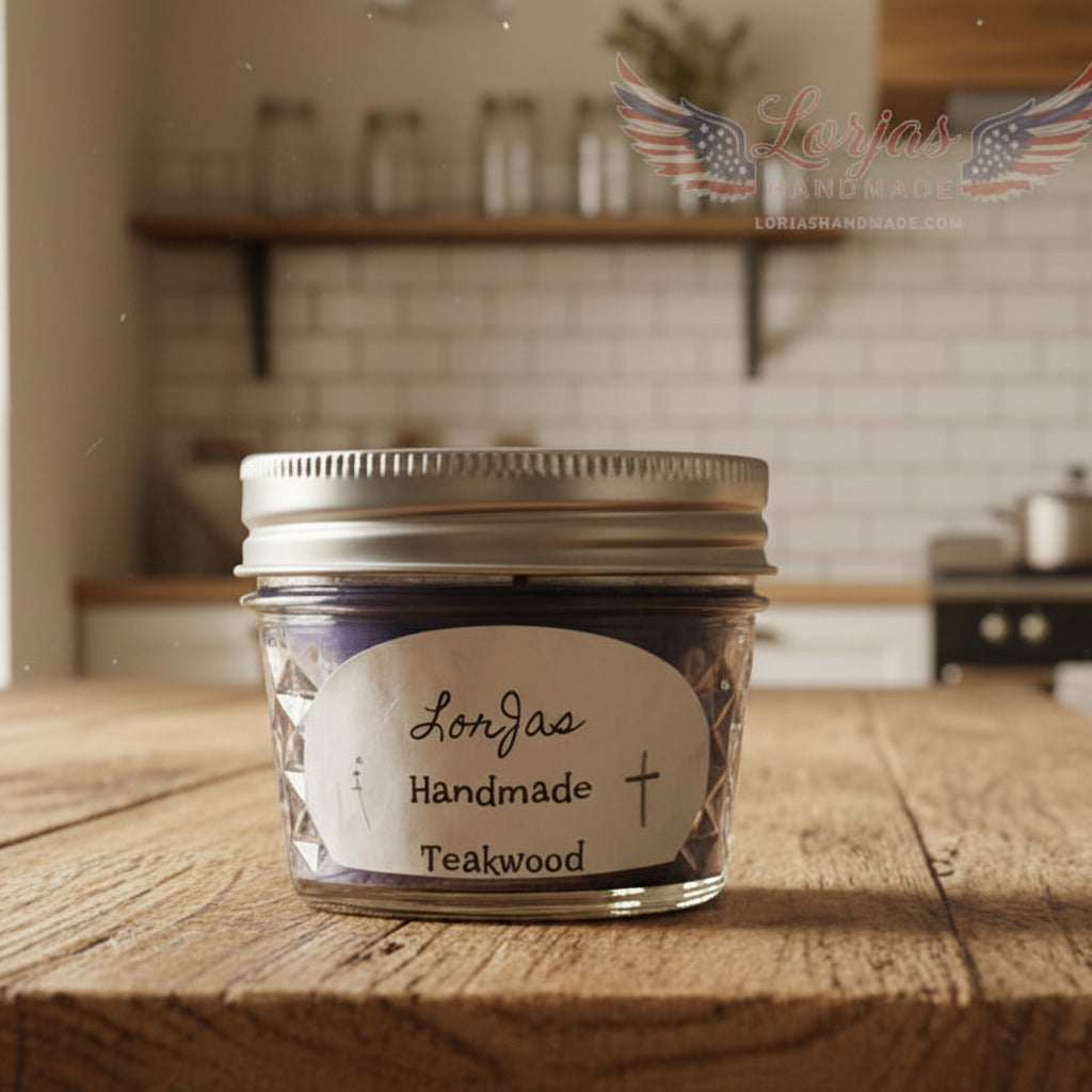 LorJas Handmade Teakwood lightly scented soy candle on a wooden surface with a blurred kitchen background in natural light.