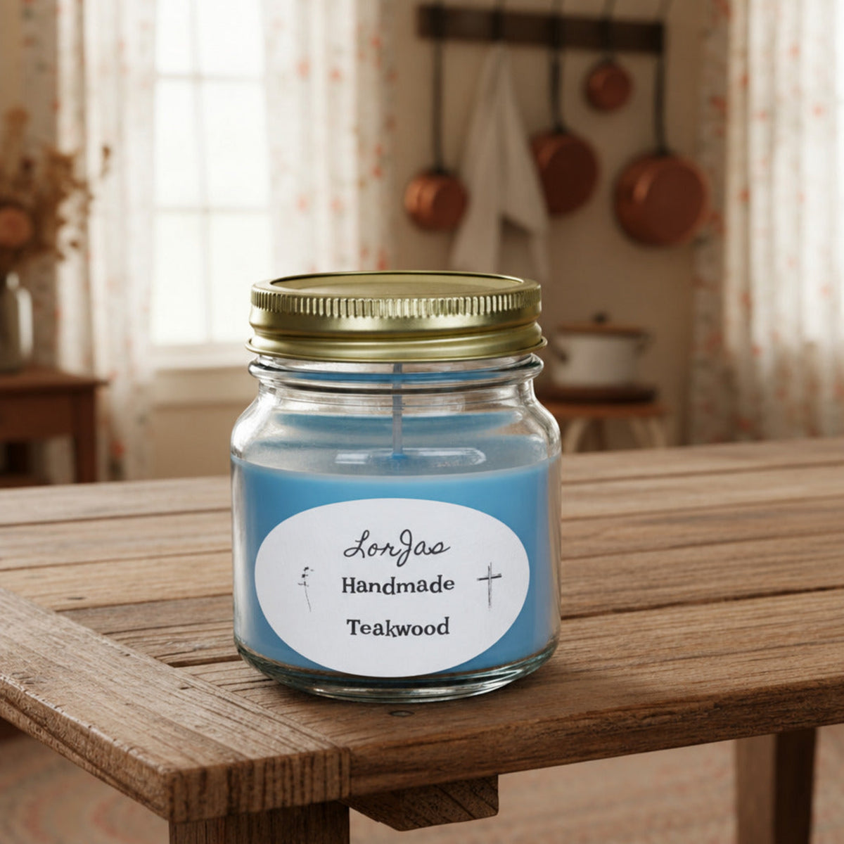LorJas Handmade Teakwood lightly scented soy candle on a rustic wooden surface in a kitchen setting.