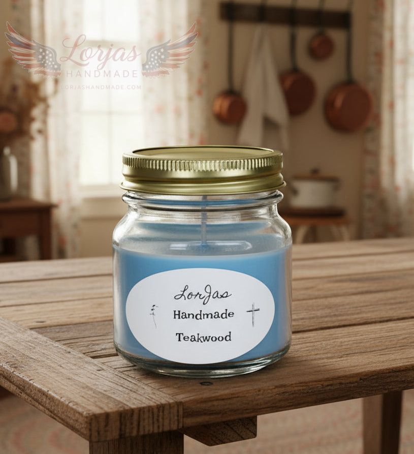 LorJas Handmade Teakwood lightly scented soy candle on a rustic wooden surface in a kitchen setting.