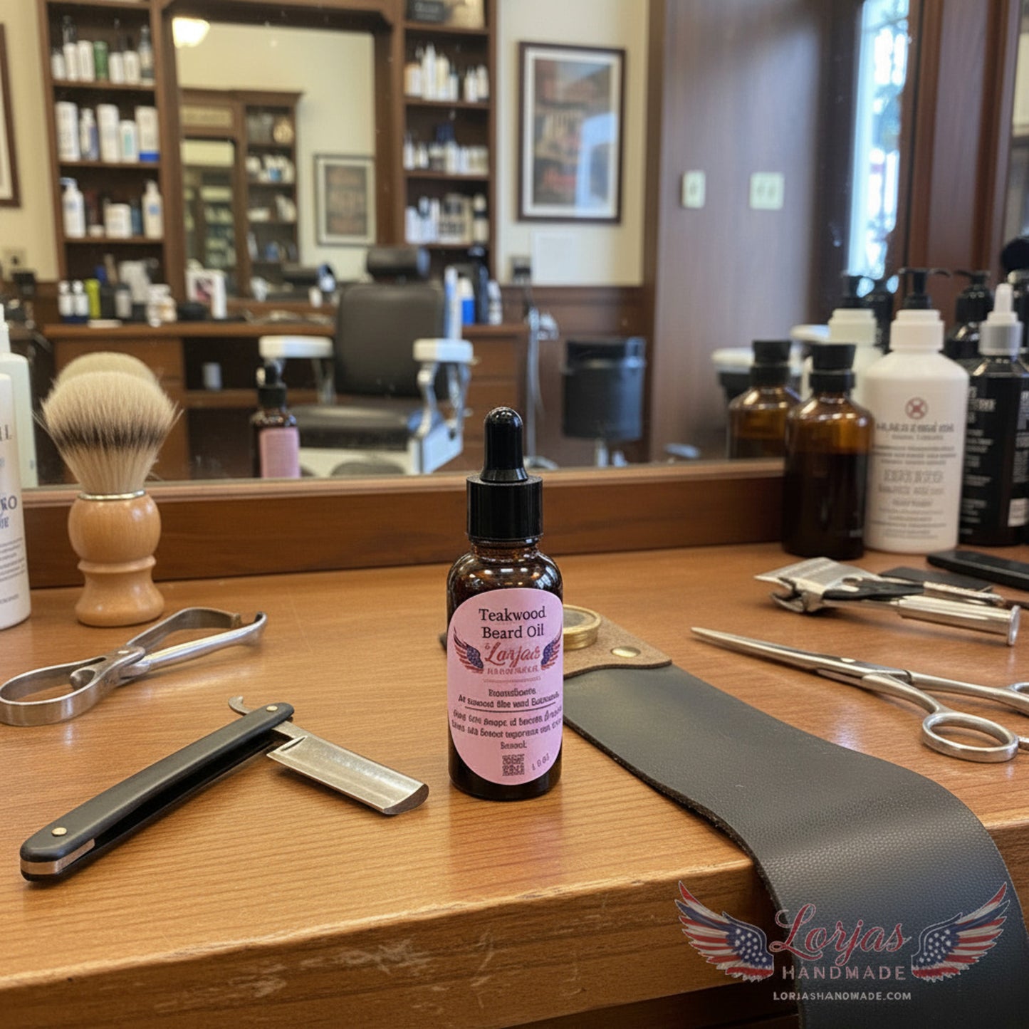 Lor'Jas Handmade Teakwood lightly scented beard oil in a barbershop.