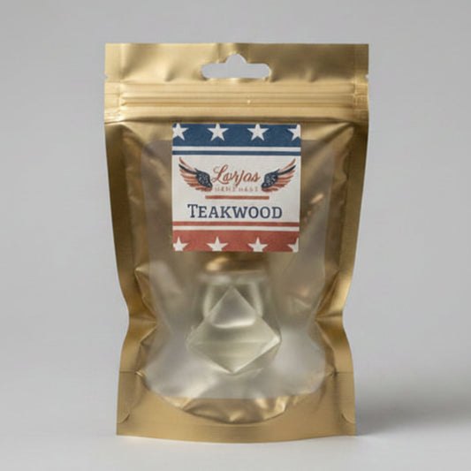LorJas Handmade Teakwood lightly scented car diffuser in gold branded packaging in a studio setting.