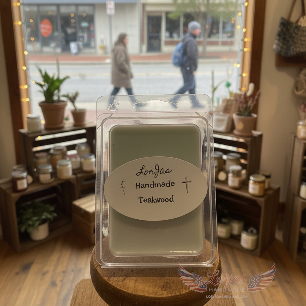 LorJas Handmade Teakwood lightly scented melt on a wooden surface with a mercantile window background.