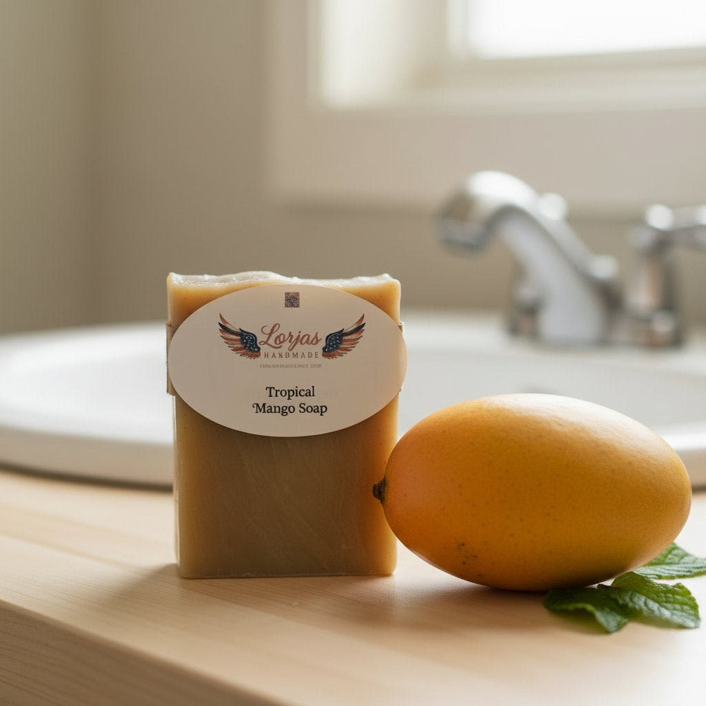 Lor’Jas Handmade Tropical Mango lightly scented Castile soap with a ripe mango on a bathroom counter.