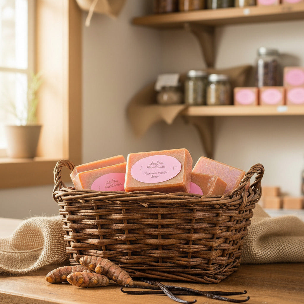 LorJas Handmade Turmeric Vanilla lightly scented goat milk soap in a wicker basket with fresh turmeric and vanilla beans on a wooden box with burlap in a mercantile with natural light flooding in through a window and shelves displaying packaged goods in the background.